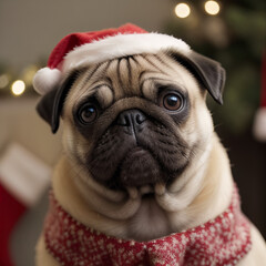 Pug in Santa Claus hat, flattened face, close-up, Christmas background