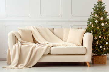 Fototapeta na wymiar Ivory sofa with cozy throw near Christmas tree in Hygge winter interior design. 