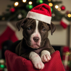 Pitbull puppy wearing Santa Claus hat, close-up, Christmas background