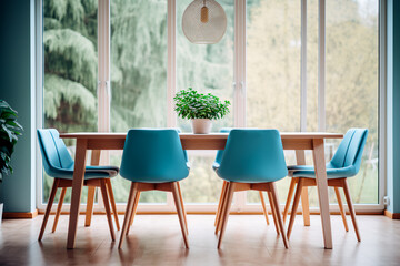 Fototapeta premium In a modern dining room with Scandinavian interior design,blue chairs surround a wooden dining table placed against a window, creating a stylish and functional space. Bright image. 
