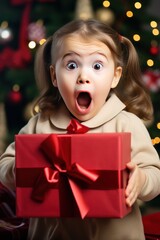 Fototapeta na wymiar cute little girl giving shocking expression while holding gift box.