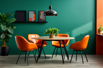In a modern living room with Scandinavian and mid-century interior design, orange leather chairs surround a round dining table against a green wall, creating a stylish and vibrant space.