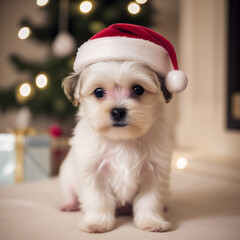 Maltese puppy wearing Santa Claus hat, close-up, Christmas background
