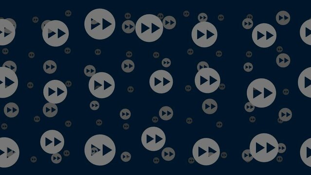 Fast forward symbols float horizontally from left to right. Parallax fly effect. Floating symbols are located randomly. Seamless looped 4k animation on dark blue background