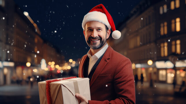 Young man in santa clause hat and holding gift box in hand