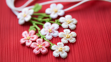 Fototapeta na wymiar Delicate Floral Martisor: A close-up of a Martisor adorned with delicate spring flowers, symbolizing the renewal of nature and the arrival of spring.