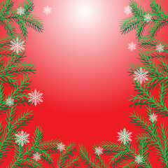 New Year vector background. Color illustration of New Year's fir branches and snowflakes on a red background. Frame for congratulations, cards and invitations.