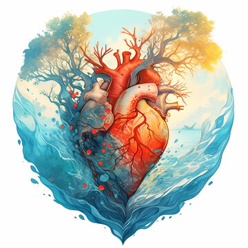 Sea heart isolated on white background. Stylized heart illustration with deep blue ocean waves, corals, plants and blood veins. Protect sea earth, conserve water ecosystem. World Oceans Day concept