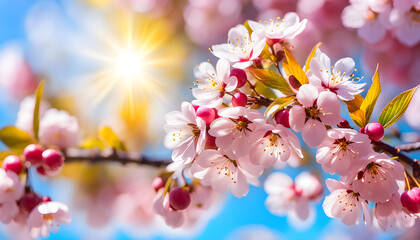 Lush sakura flowers blooming in spring, cherry blossoms for the holiday,