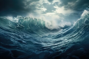 Blue ocean wave with sunbeams and clouds, 3d render, Ocean wave in stormy weather, climate change, environmental challenge, ocean is facing many challenges from pollution