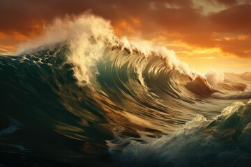 Ocean wave at sunset, 3d render, Conceptual image, ocean is facing many challenges from pollution, Surfing ocean wave at sunset, climate change concept, seashore