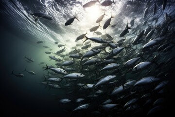 Underwater view of a school of fish swimming in the blue ocean, a school of fish, a school fish swims in blue water casting shadow on seabed and sparkling in bright sun rays