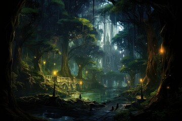 Fantasy landscape with magical forest and river, digital illustration of fantasy medieval environment landscape, concept of an ancient ruin city, Enchanting green fantasy forest