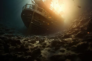 Poster Old ship wreck in the sea, 3d rendering and illustration, mysterious abandon ship on the seashore at sunset, The wreck ship, Misty Shipwreck on the Beach © Jahan Mirovi