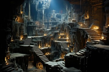 Staircase of the cave of ancient city, a hidden underground city, Destroyed city with abandoned buildings, interior of ancient civilization, view of the ancient abandoned city - obrazy, fototapety, plakaty