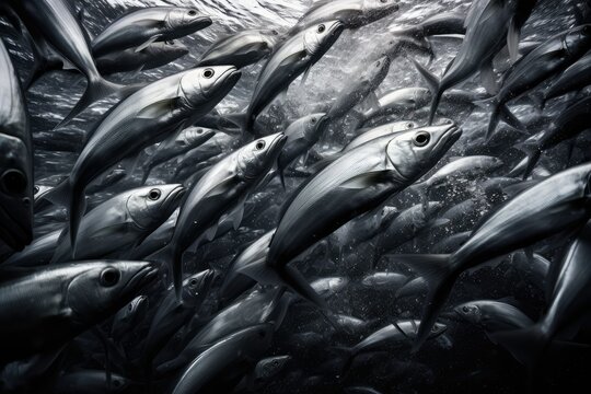 Underwater image of a school of fish swimming in the ocean, Underwater photo, a school of fish swimming, creating a mesmerizing sight, black and white photo, barracuda fish