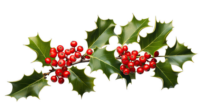 Holly leaves and berries isolated on white or transparent background generative ai