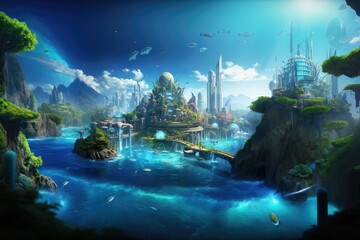 under water Fantasy alien planet, Mountain and lake, 3D illustration, waterfall, fantasy island with dreamy background, magical wonderland