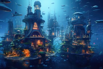 Fantasy alien planet underwater, Fantasy illustration, 3D rendering, a Mysterious and Fantasy Undersea World, Fantasy underwater island with beautiful castle, surreal fantasy