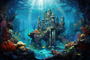Fototapeta na wymiar Underwater world, 3d render illustration, Fantasy illustration of a fantasy world, fantasy underwater fairy tale castle, beautiful underwater landscape with castle, fishes