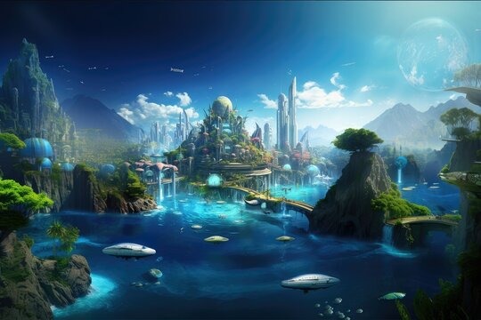 Fantasy landscape with island, castle trees and ocean, 3d rendering, fairy land, fantasy world, alien planet