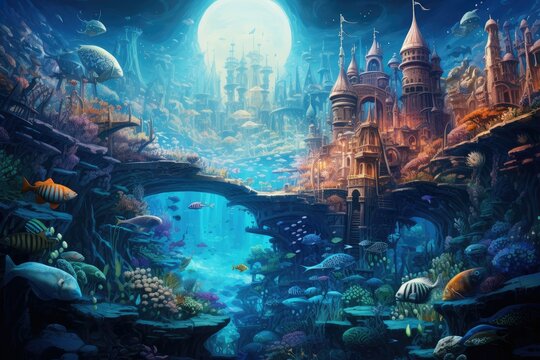 Beautiful underwater world with brown castle and tropical fishes, Cartoon underwater world with fishes and corals, Fantasy landscape, Fairy Tale Story Background