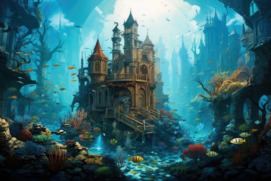 Fantasy underwater world with colorful fishes and fantasy castles, 3D rendering, Digital Illustration of a Mysterious and Fantasy Undersea World.