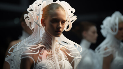 fashion show, where models are presented with avant-garde outfits made using a 3D printer. future fashion concept