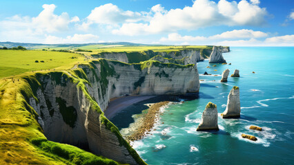 Aerial panoramic view of limestone cliffs in Dorset, UK