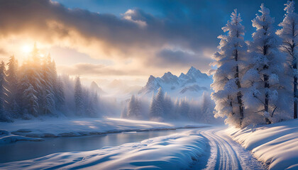 Calming winter landscape with snowfall and blizzard, beautiful photo wallpaper, winter theme,...