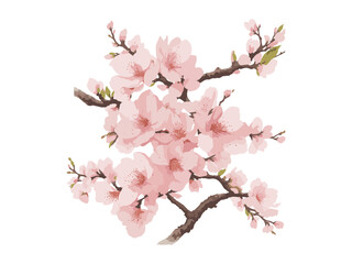 WatercolorVector branch with spring flowers watercolor tree branch detailed hand drawn clip art element. Generative AI.
