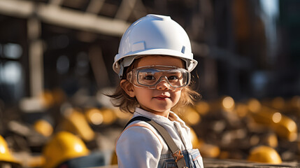 Child is dressed in a white protective helmet, glasses, plays civil engineer