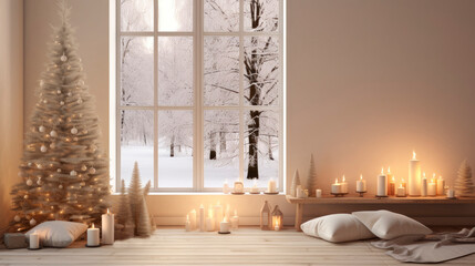 Christmas and New Year modern interior in white colors. Festive living room with large windows, sofa with cushions and blanket, decorated Christmas fir tree, burning candles.