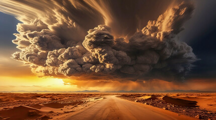 upcoming sandstorm in the desert at sunset - obrazy, fototapety, plakaty