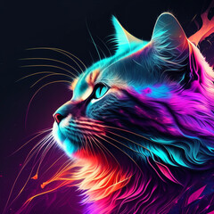 Abstract Neon cat animal head dark pastel colors digital wallpaper background copy space generative AI