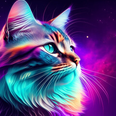 Neon Abstract cat animal head dark pastel colors digital wallpaper background copy space generative AI