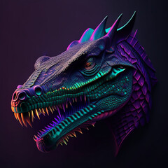 Abstract dinosaur head animal closeup dark neon colors, wallpaper background generative AI