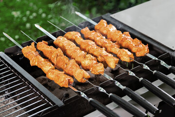 Chicken kebabs on metal skewers fried on a charcoal grill
