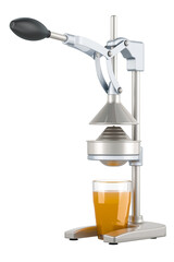 Manual citrus juicer with glass of orange juice, 3D rendering isolated on transparent background