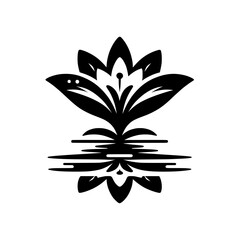 A simple monochrome icon of a lotus flower with a reflection on water, symbolizing peace and purity.
