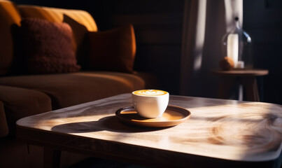 A Cozy Morning: A Cup of Coffee on a Rustic Wooden Table. A cup of coffee sitting on top of a wooden table