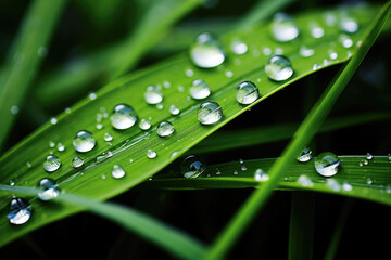 Grass blades background with dew drops