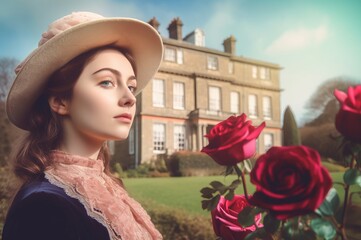 British elegant lady with hat in blossom garden. England classic woman in court backyard. Generate ai