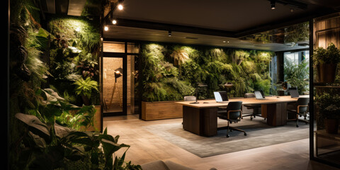 Biophilic offices in London. A conference room with a wall of plants