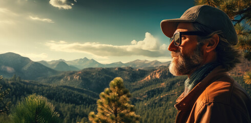 Serene elder, beard graced by time, gazes upon endless coniferous expanse. In mountain solitude, he inhales healing, embracing tranquility. Generated AI.