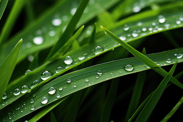 Grass blades background with dew drops