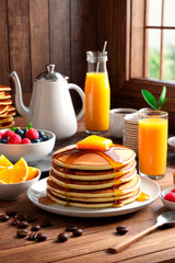 Obraz na płótnie Canvas Healthy delicious breakfast. Various morning food - pancakes, waffles, fruit, berries, coffee, tea, orange juice on a wooden table.