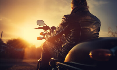 Motorcycle rider silhouette at sunset. A person riding a motorcycle at sunset