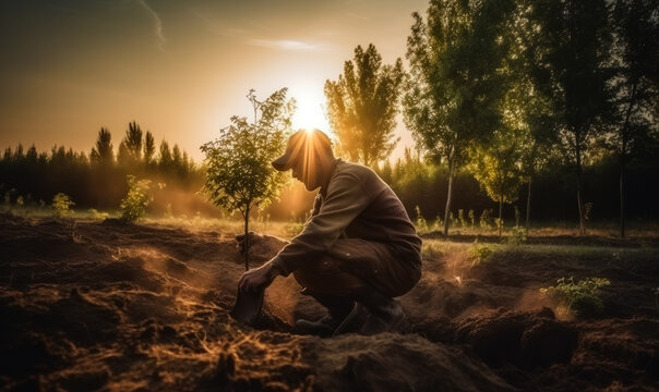Man plant new trees in the garden at sun. A man kneeling down in the middle of a field
