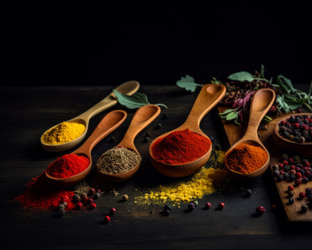 Modern food spice picture high definition. A table topped with wooden spoons filled with different types of spices
